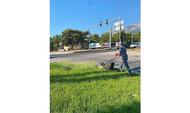 Kemer'de parklarda çim biçme çalışmaları