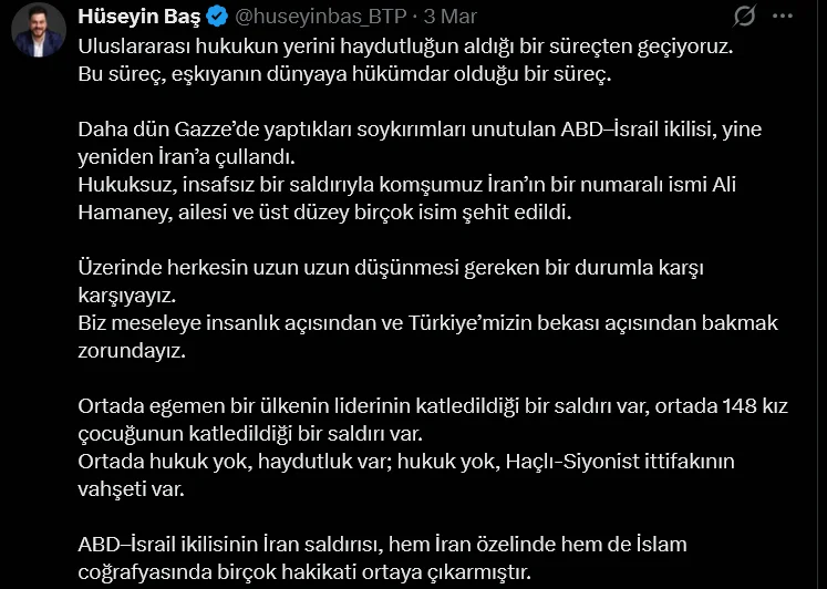 BTP Lideri Hüseyin Baş'tan İran Analizi: 